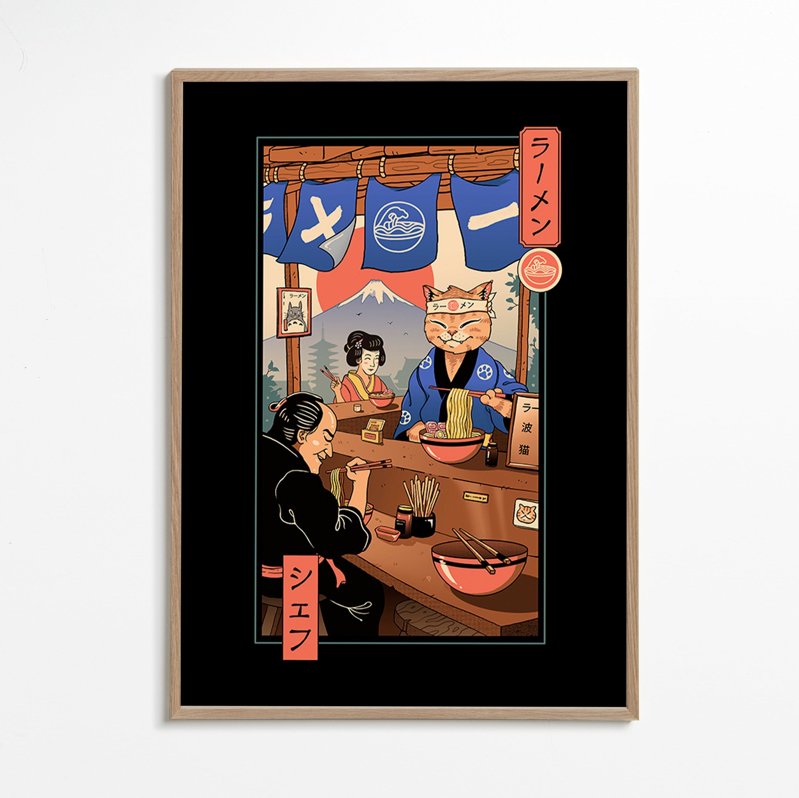 Cuadro de cocina Ramen Meowster, gato cocinero ilustrado – Oak Frame