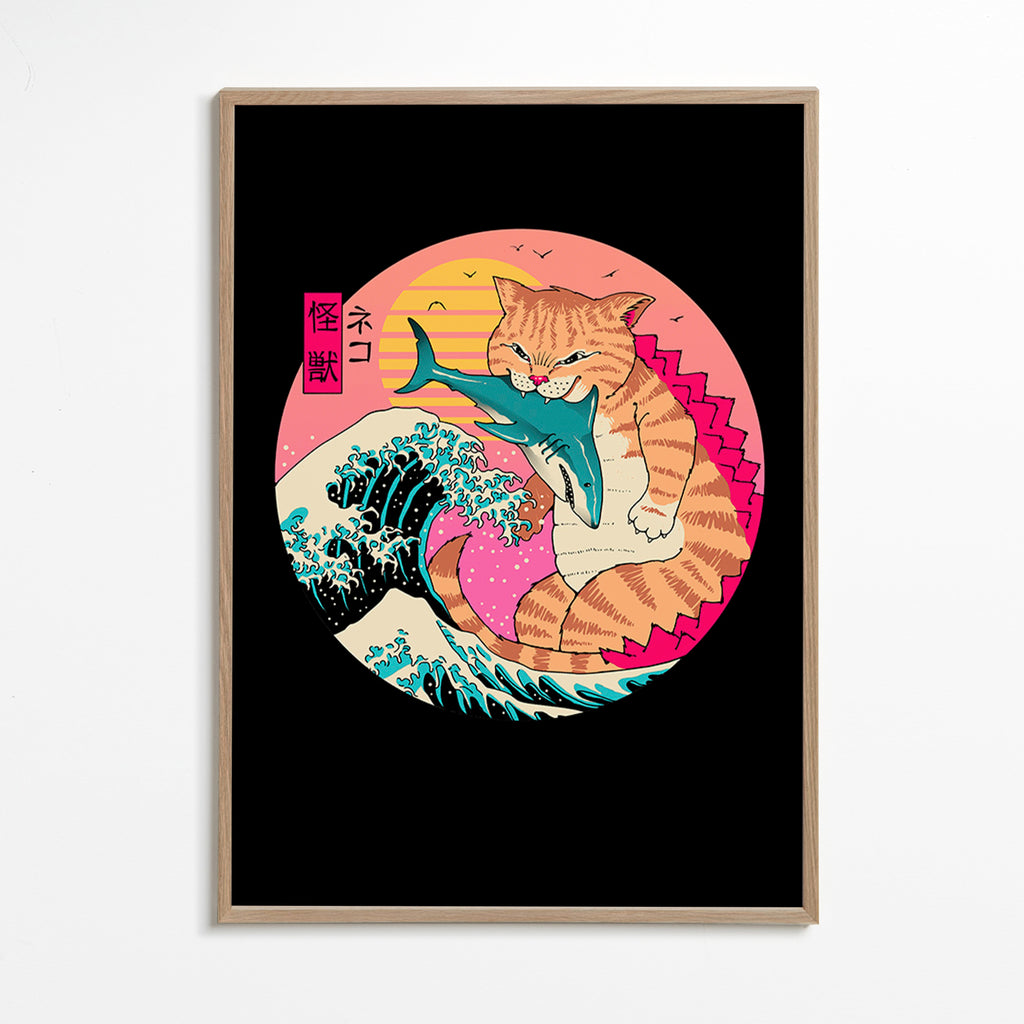 Ilustración de gato kaiju con ola – Oak Frame
