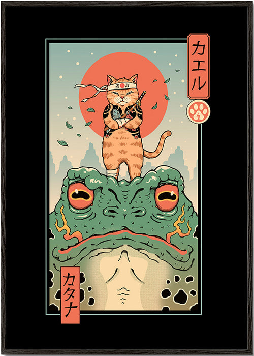 Cuadro gato samurái sobre rana ilustrada – Black Frame