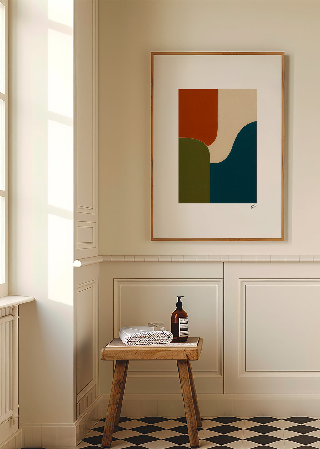 Cuadro geométrico con curvas y bloques de color – Product1