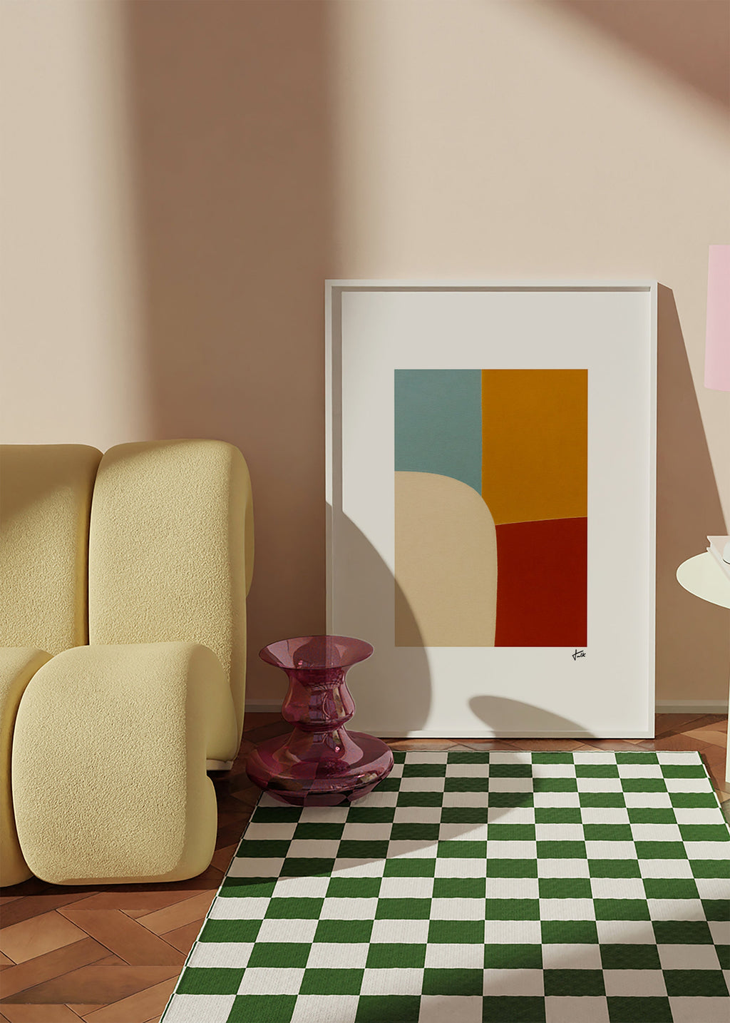 Cuadro geométrico con curva y bloques ocres – Product1