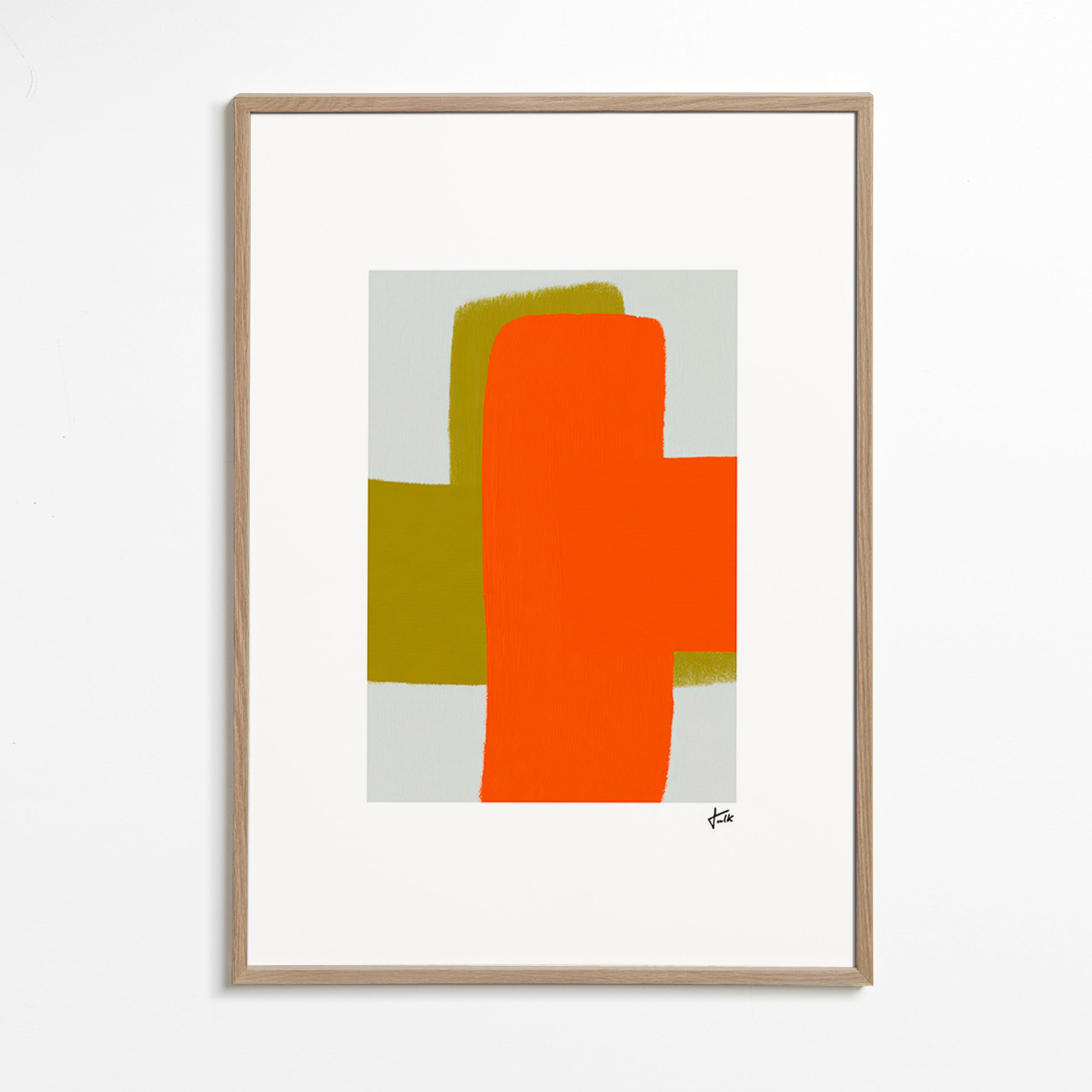 Cuadro abstracto naranja y verde con formas verticales – Oak Frame