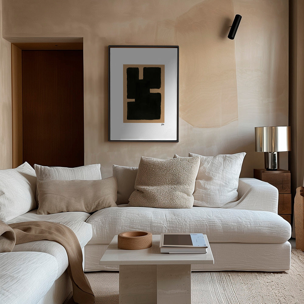 Cuadro abstracto con formas negras sobre papel kraft – Canvas2