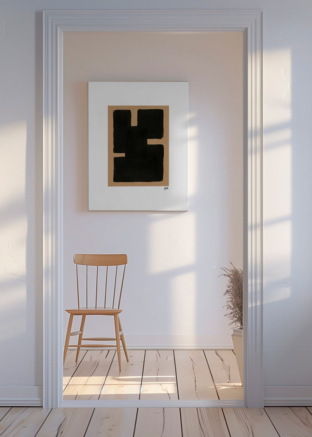 Cuadro abstracto con formas negras sobre papel kraft – Canvas