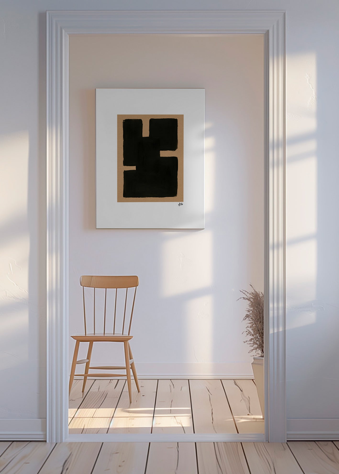 Cuadro abstracto con formas negras sobre papel kraft – Canvas