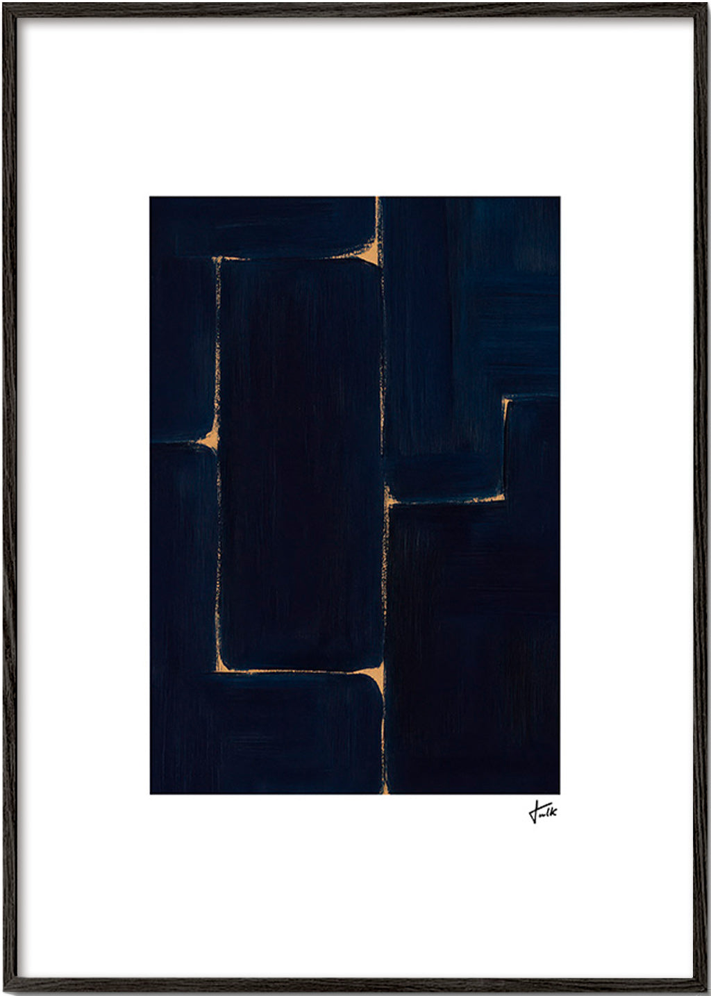 Cuadro abstracto azul profundo con vetas doradas – Black Frame