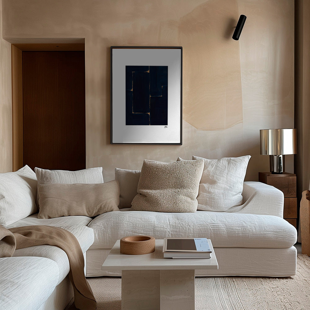 Cuadro abstracto azul profundo con vetas doradas – Canvas2