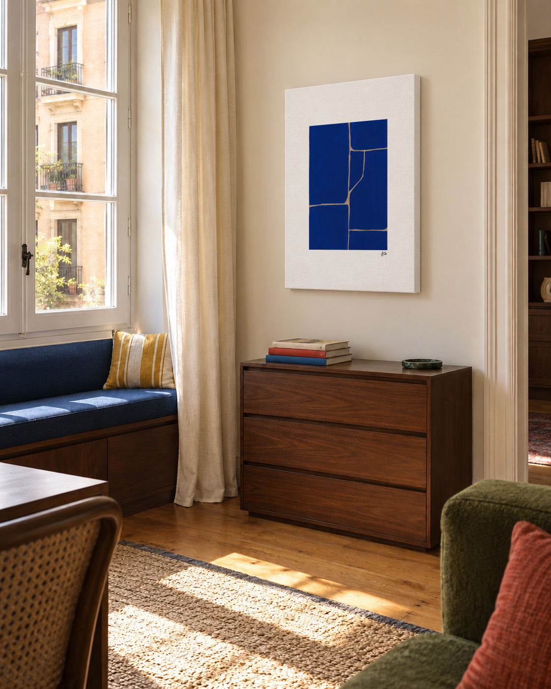 Blue Grid - Unframed canvas in an interior