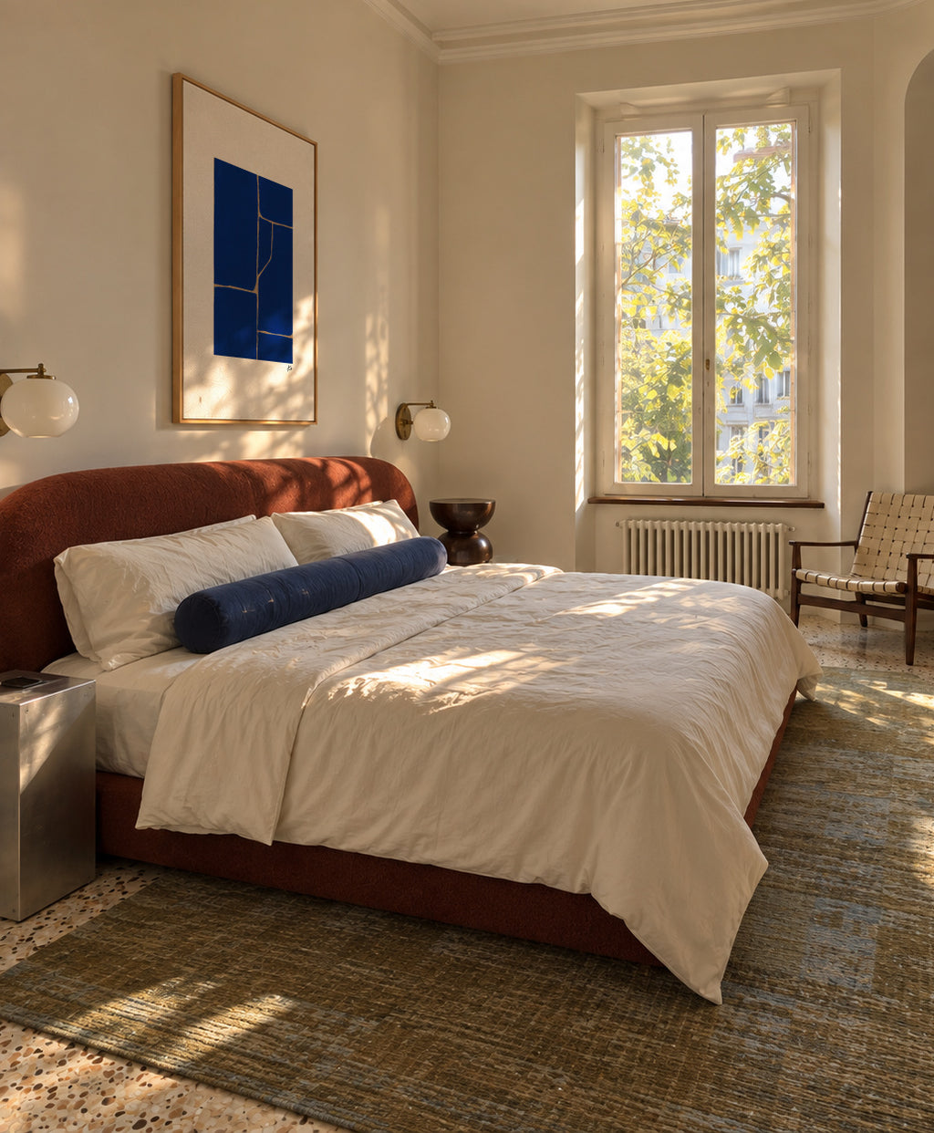Blue Grid - Framed canvas in an interior