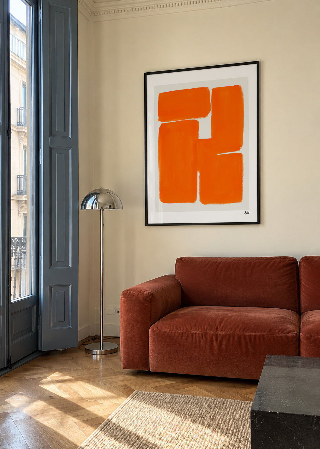 Orange Blocks - Framed poster in an interior