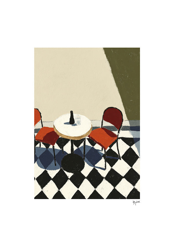 Cuadro de cocina: mesa de café sobre suelos ajedrezados