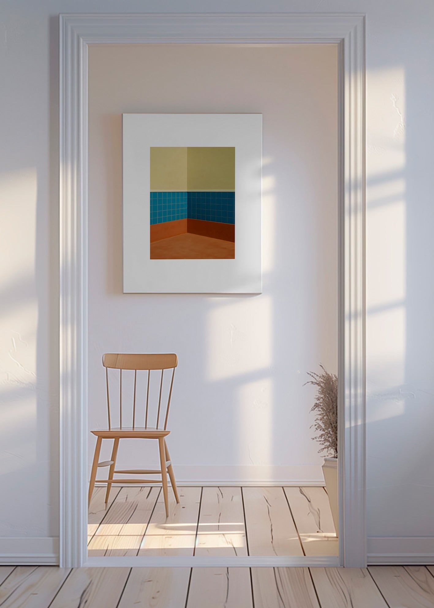 Cuadro minimalista: esquina de azulejos azules y suelo terracota – Canvas