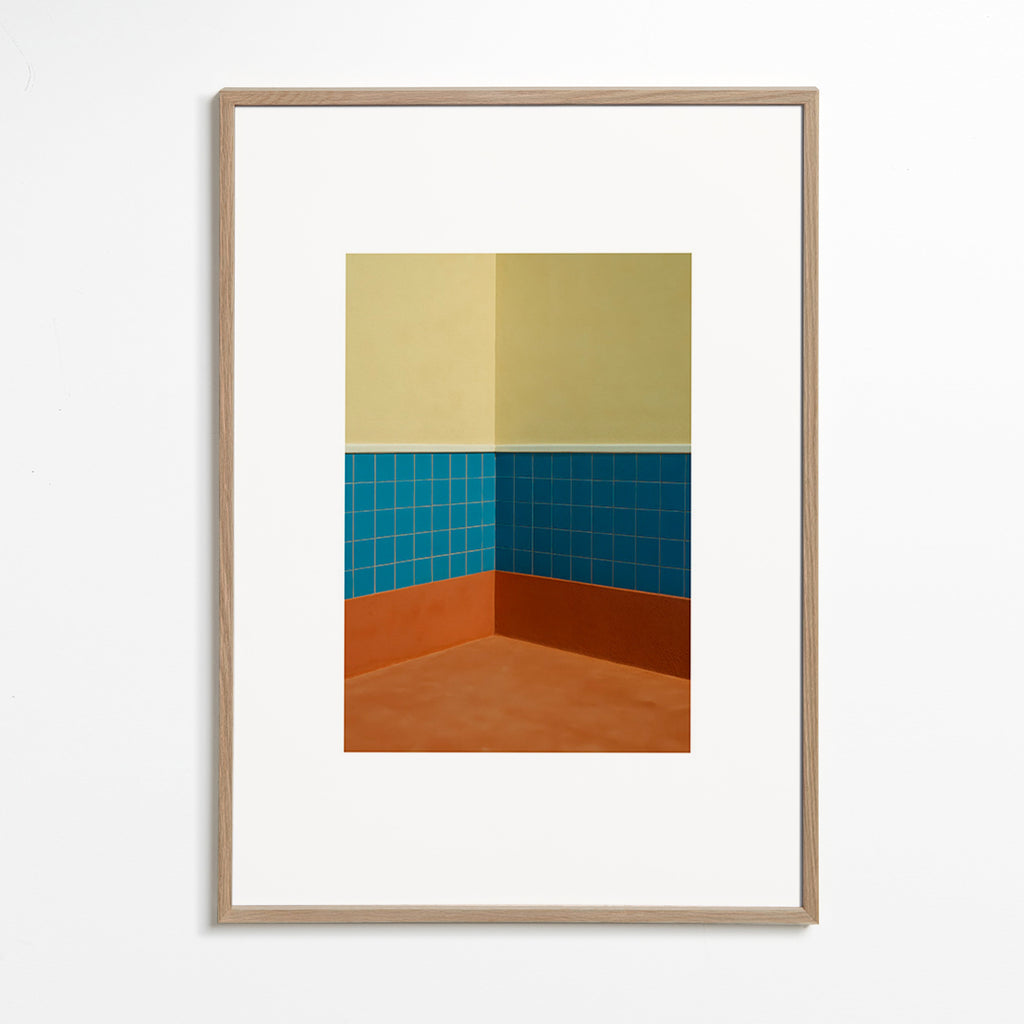 Cuadro minimalista: esquina de azulejos azules y suelo terracota – Oak Frame