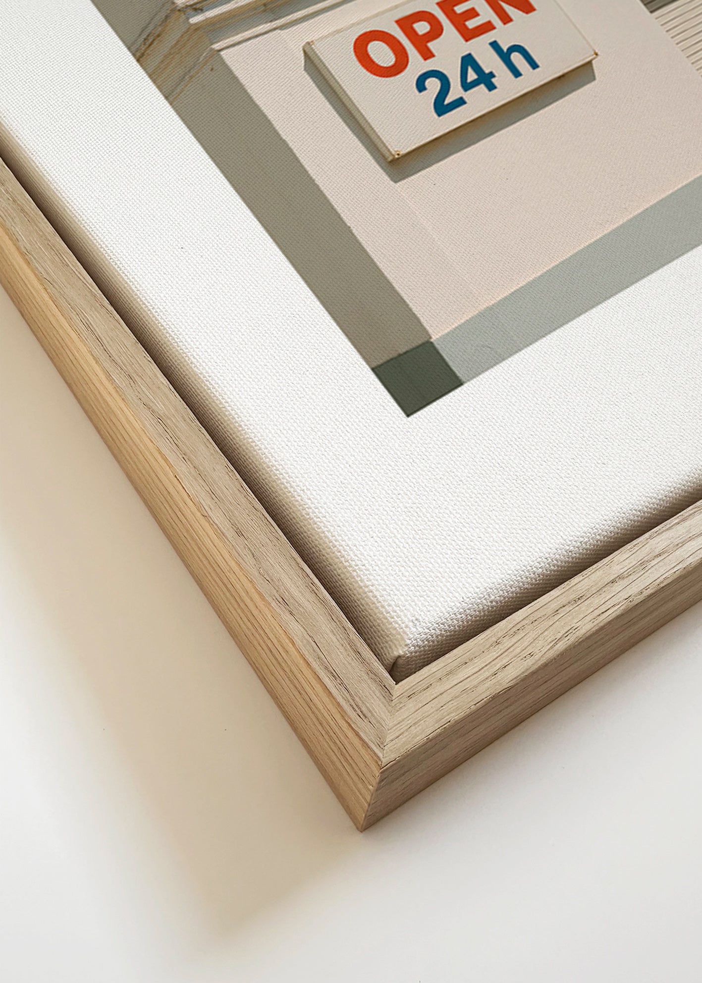 Cuadro minimalista fachada con rótulo OPEN 24h – Canvas detail