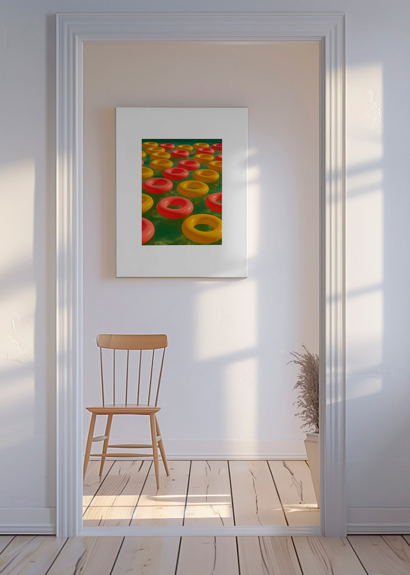 Cuadro geométrico con anillos flotantes rojos y amarillos – Canvas