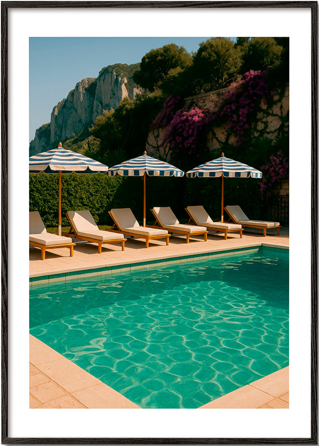 Fotografía de piscina con sombrillas y tumbonas – Black Frame