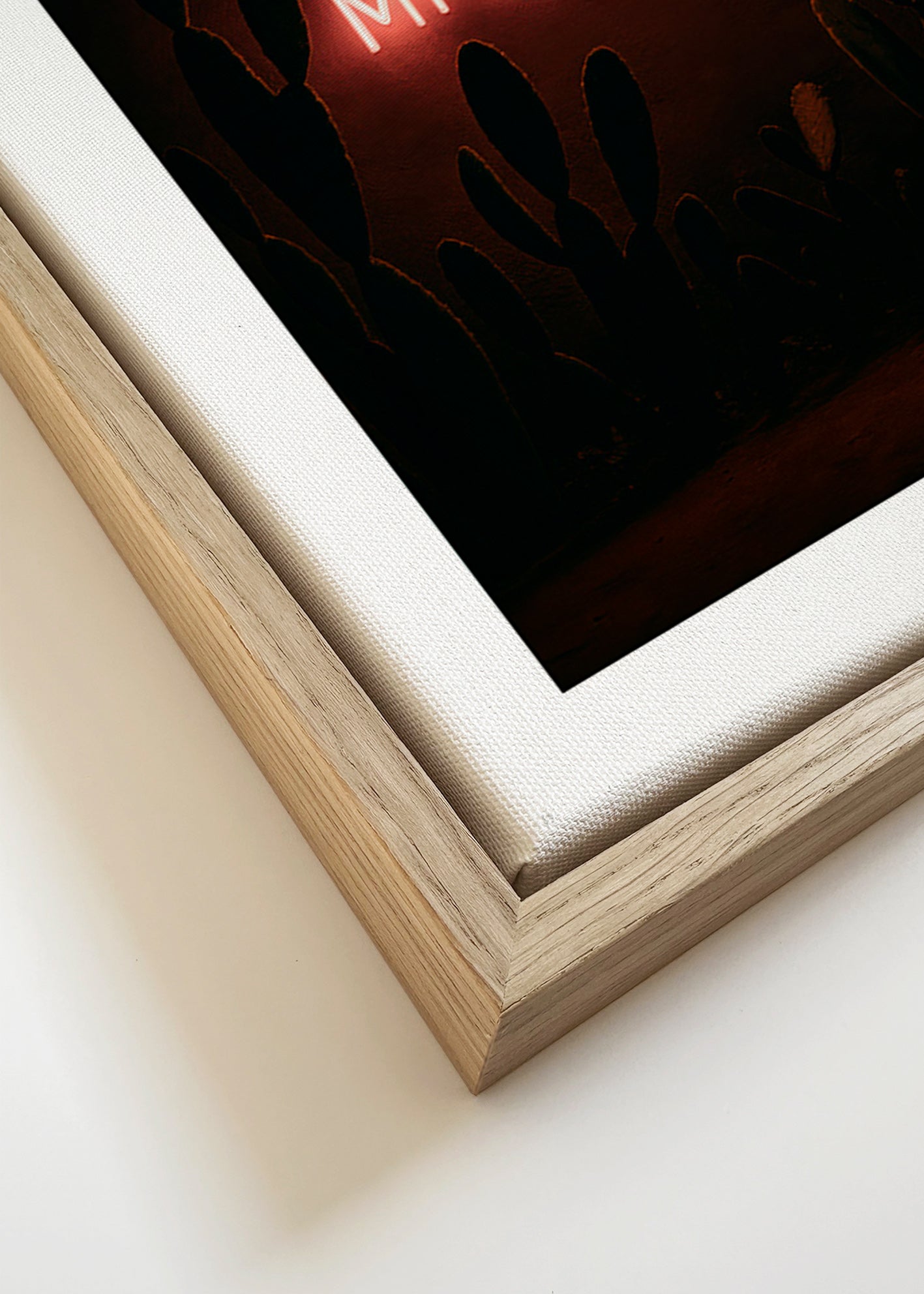 Fotografía artística: letrero neón "Mi Amor" sobre cactus – Canvas detail