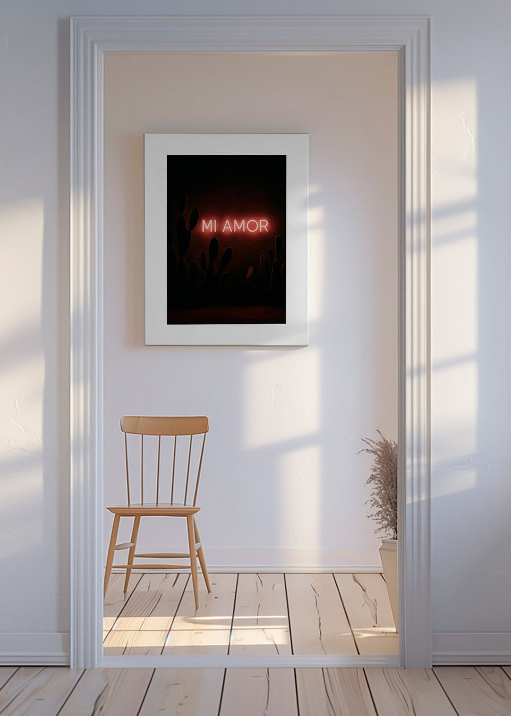 Fotografía artística: letrero neón "Mi Amor" sobre cactus – Canvas