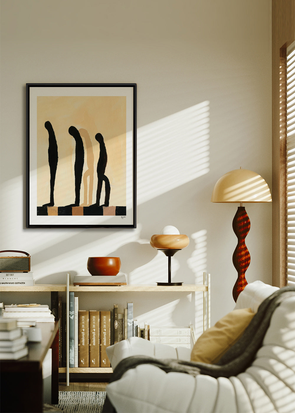 Cuadro abstracto de figuras alargadas sobre beige – Canvas1