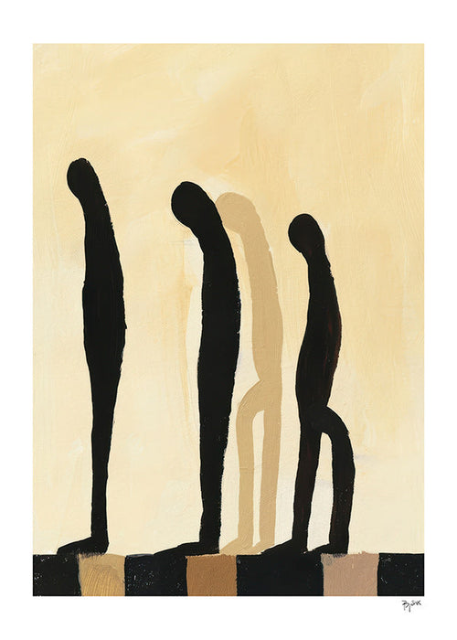 Cuadro abstracto de figuras alargadas sobre beige