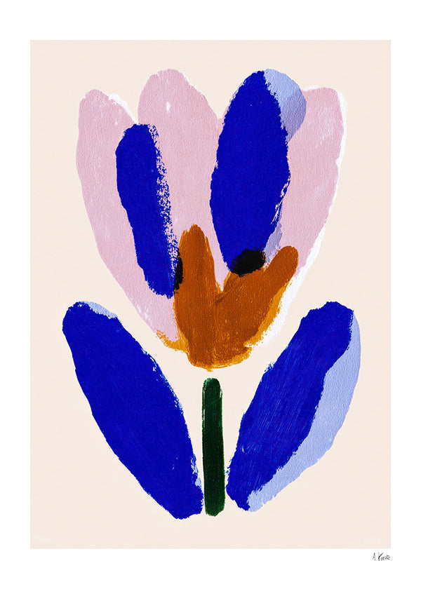 Lámina botánica flor pictórica azul y rosa