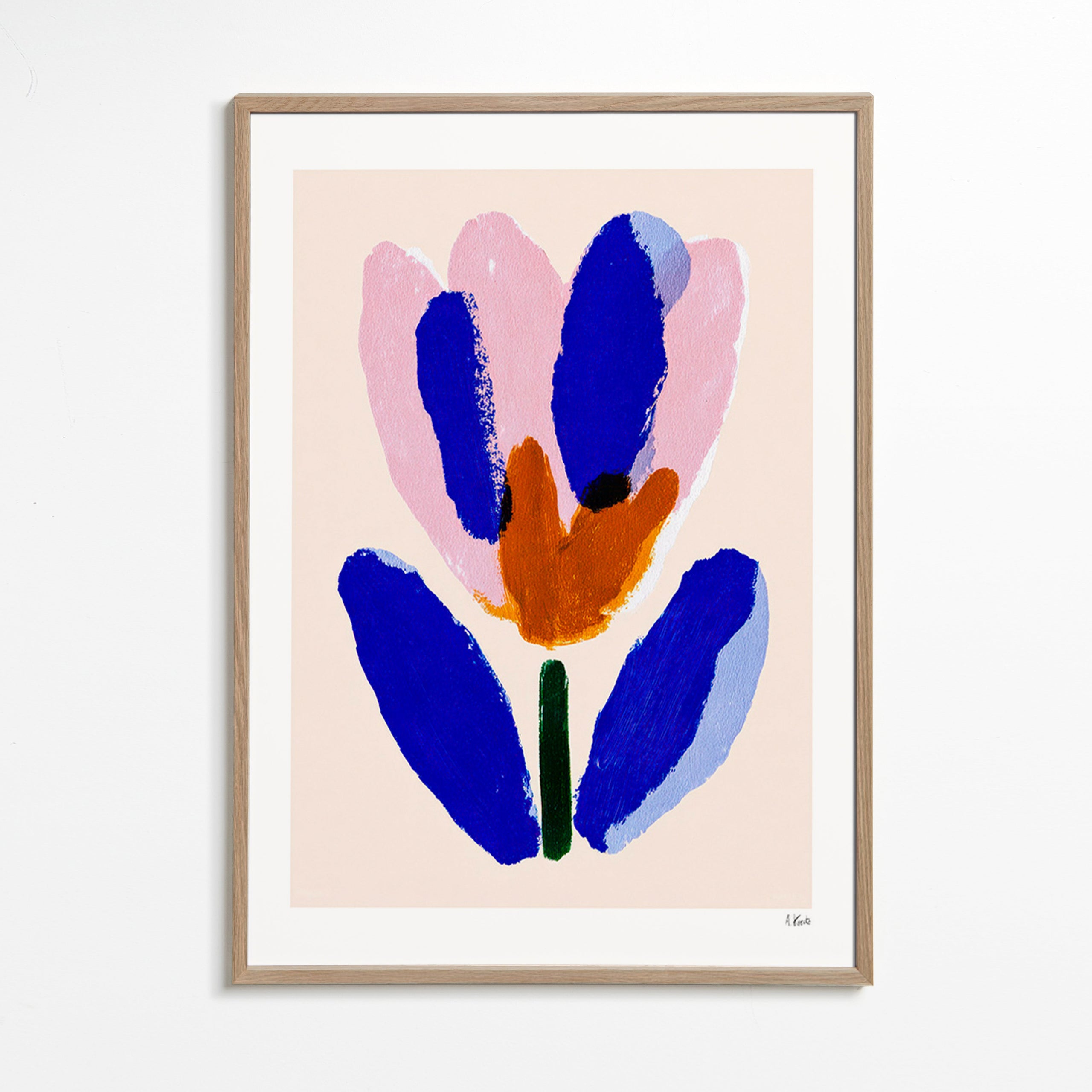 Lámina botánica flor pictórica azul y rosa – Oak Frame
