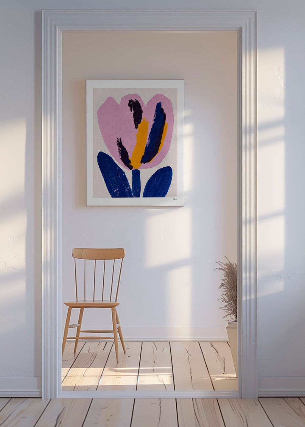 Lámina botánica con flor rosa y trazos azules – Canvas