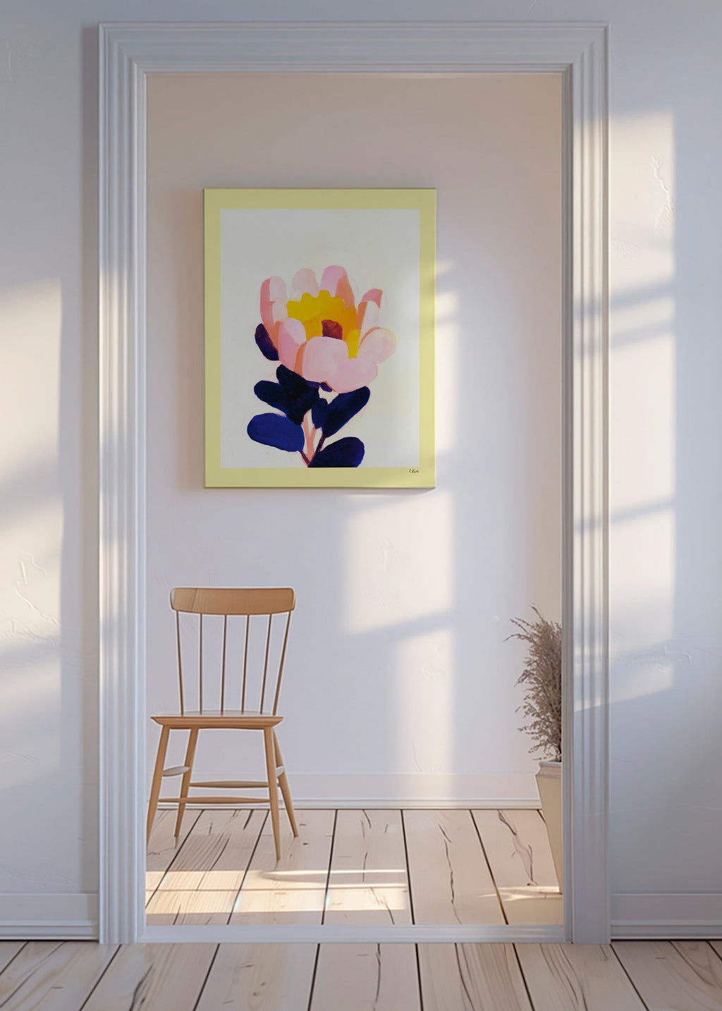 Lámina botánica: flor rosa con hojas azul profundo – Canvas