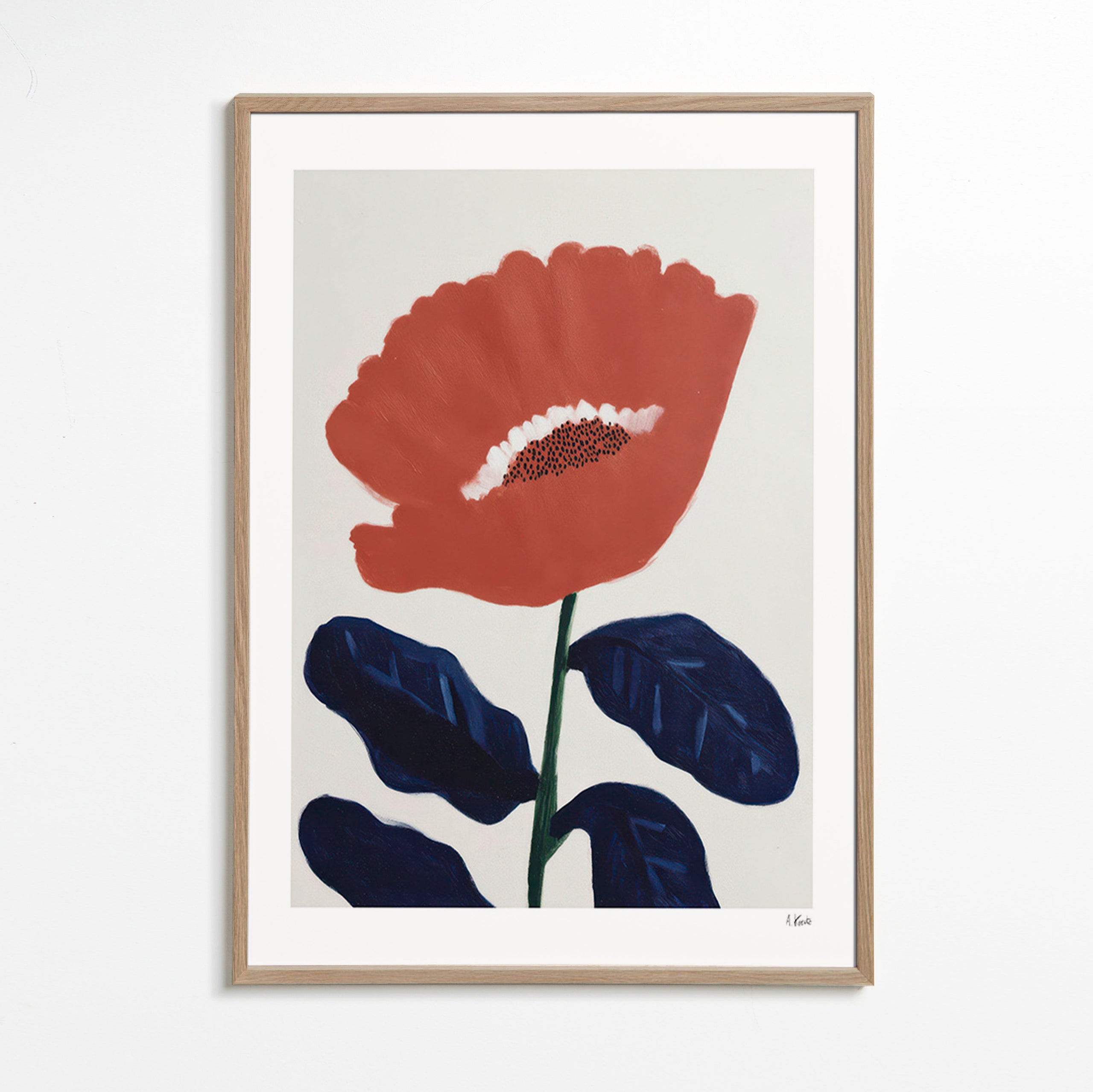 Lámina botánica coral sobre fondo neutro – Oak Frame