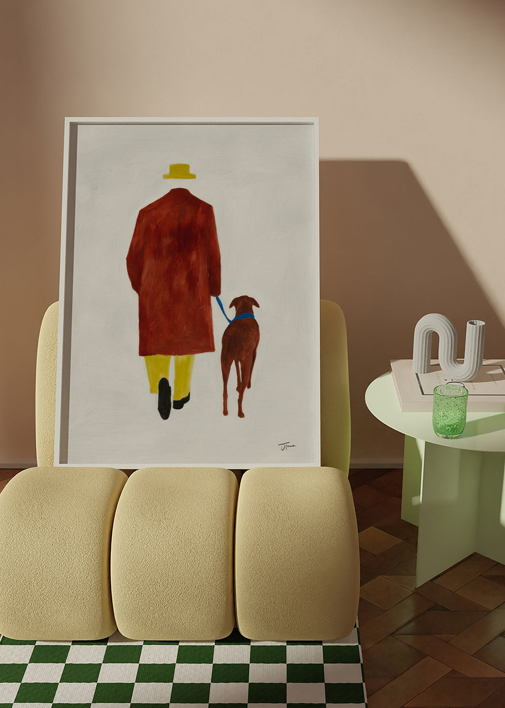 Ilustración de paseo con perro y sombrero amarillo – Product2