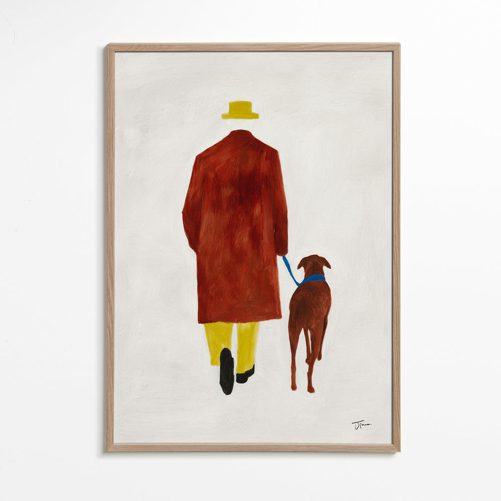 Ilustración de paseo con perro y sombrero amarillo – Oak Frame