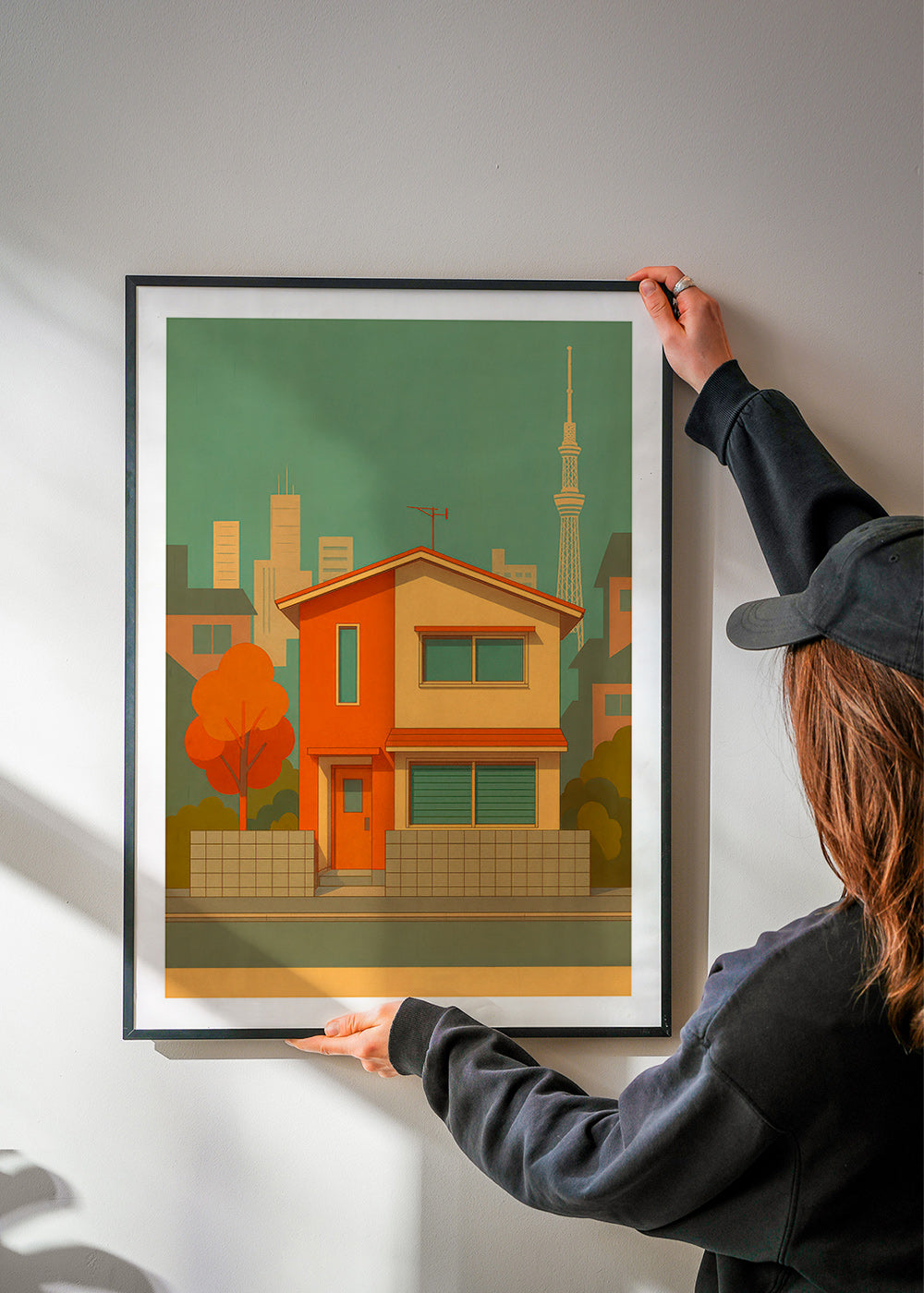 Cuadro de ciudades: casa japonesa ilustrada en paleta retro – Product1