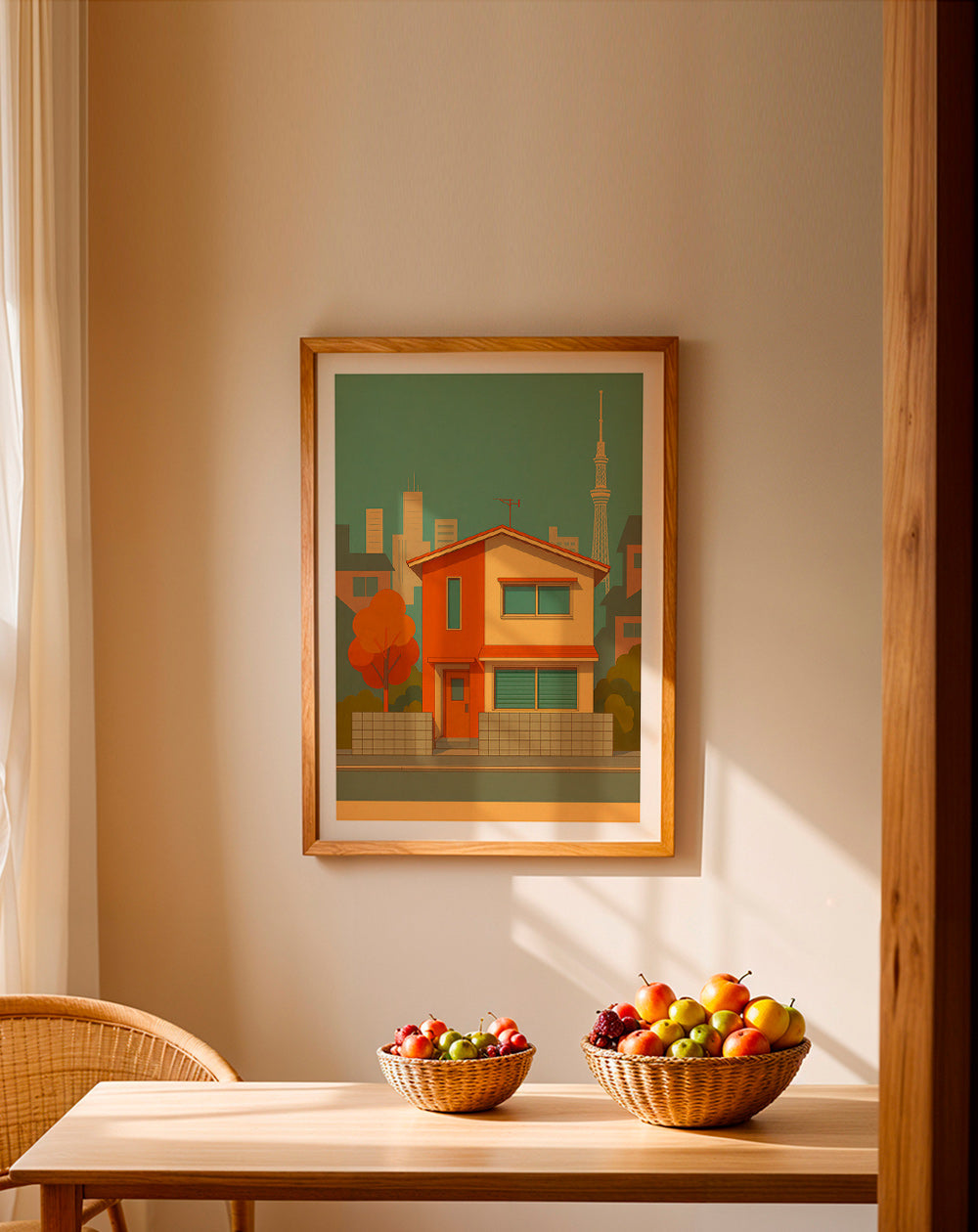 Cuadro de ciudades: casa japonesa ilustrada en paleta retro – Product3