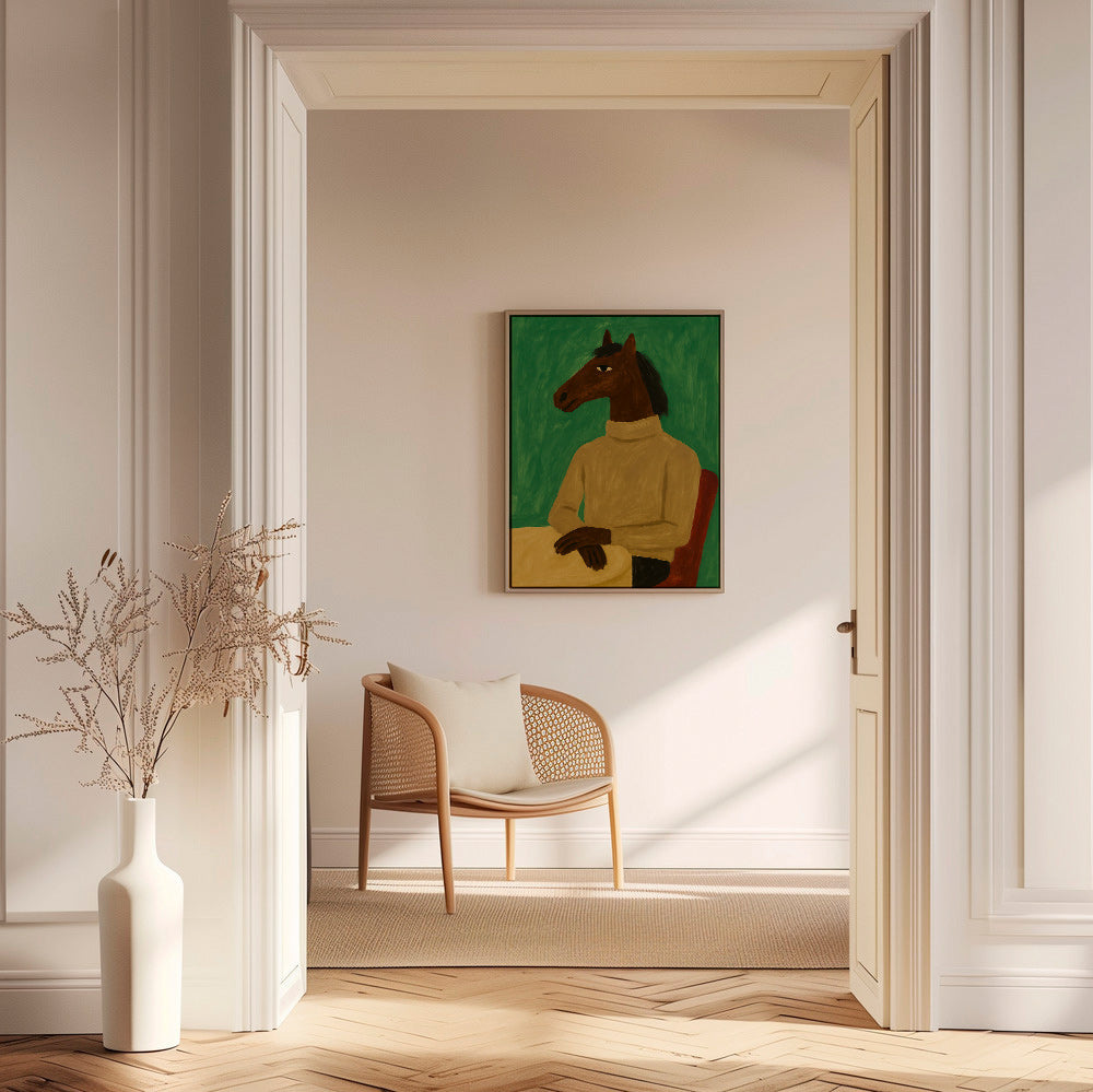 Cuadro caballo en suéter sobre fondo verde – Canvas2