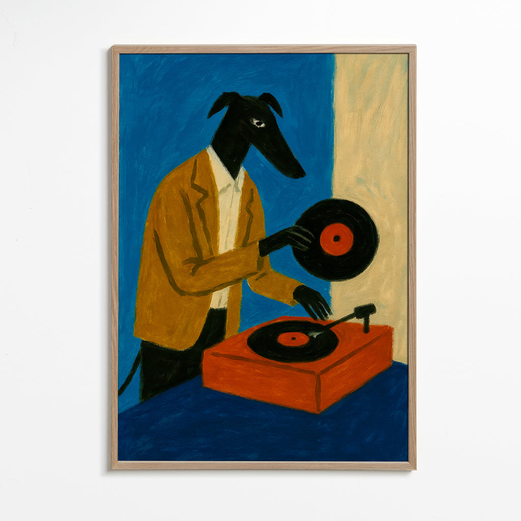 Ilustración de DJ perro con vinilo – Oak Frame