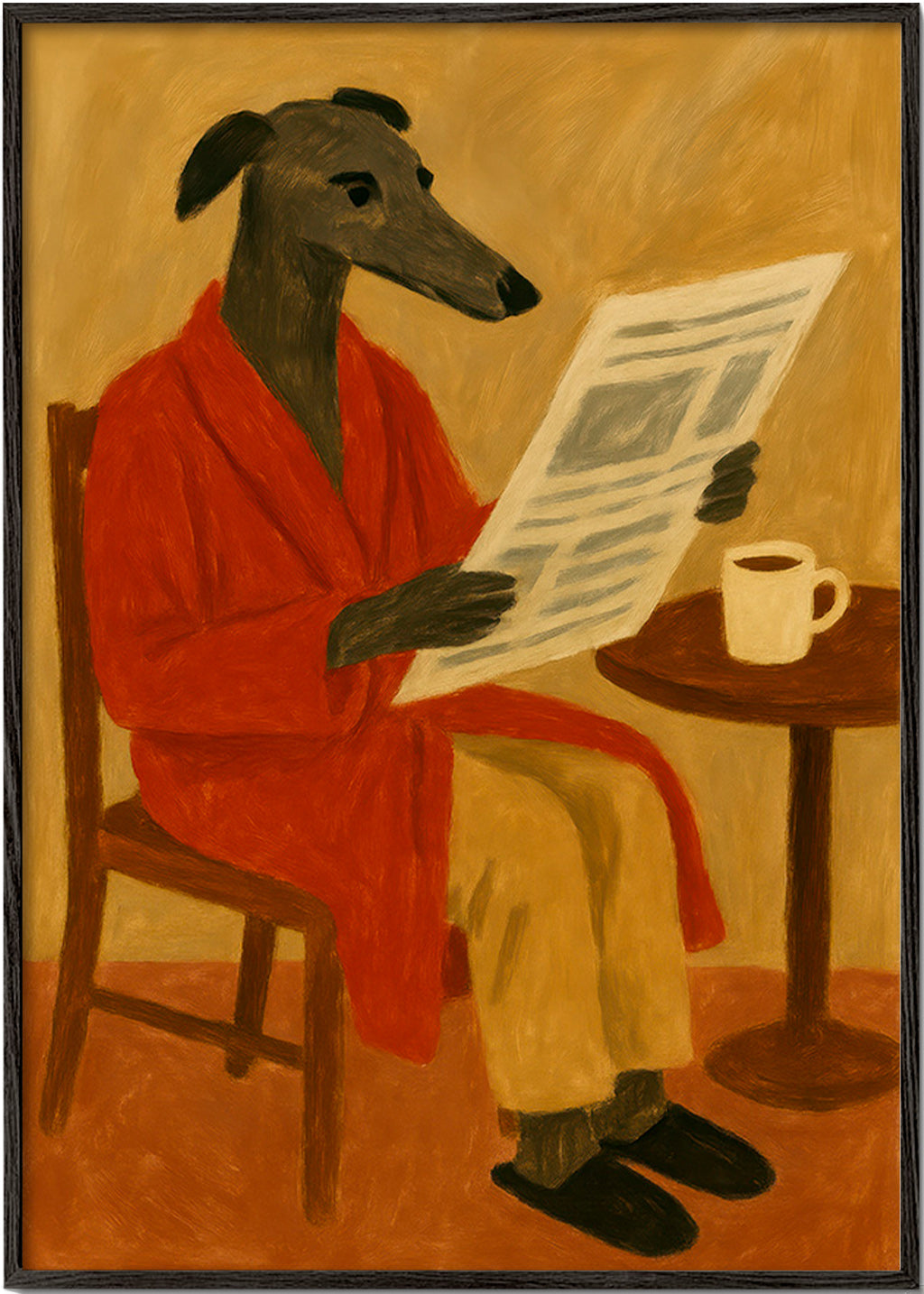 Cuadro de perro leyendo el periódico en bata roja – Black Frame
