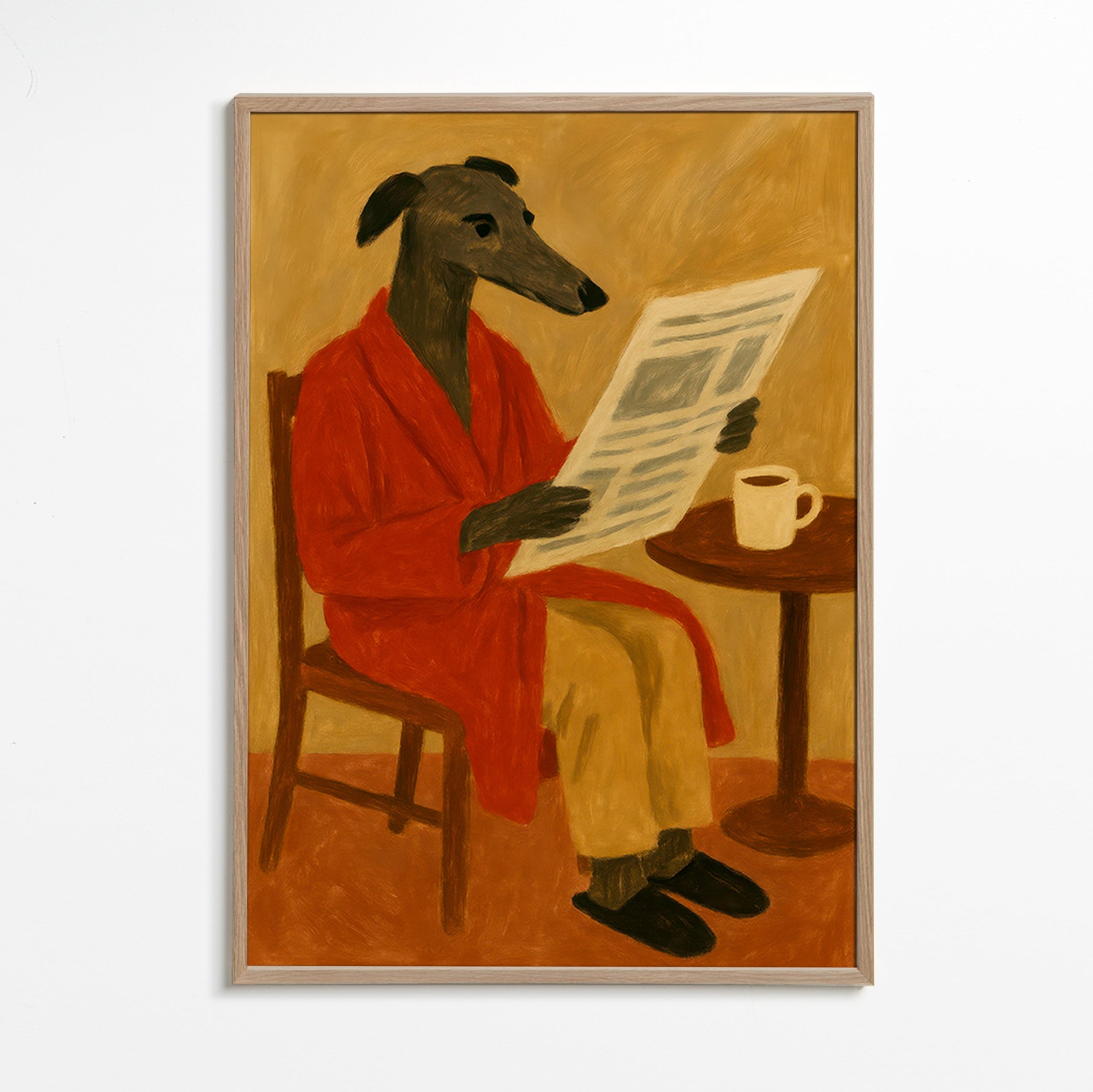 Cuadro de perro leyendo el periódico en bata roja – Oak Frame