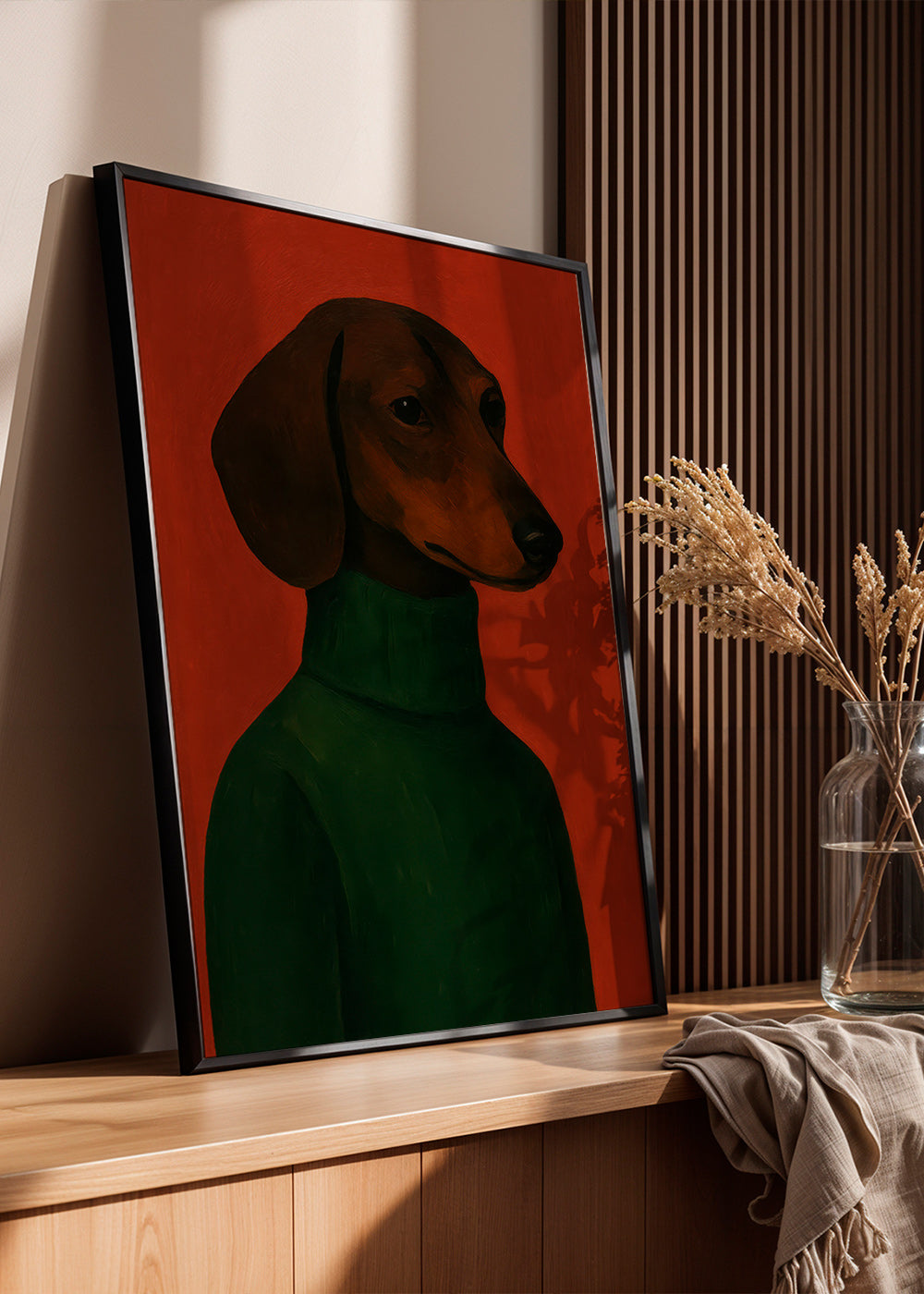 Cuadro retrato de perro salchicha con jersey verde – Product1