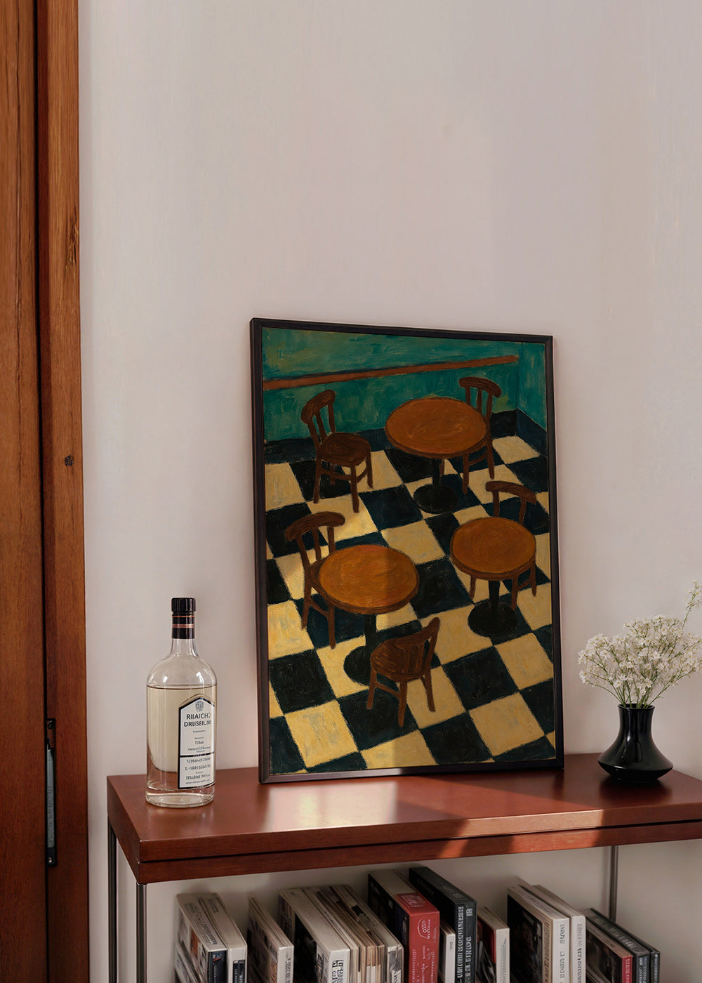 Cuadro de cocina con mesas bistró y suelo ajedrez – Product1