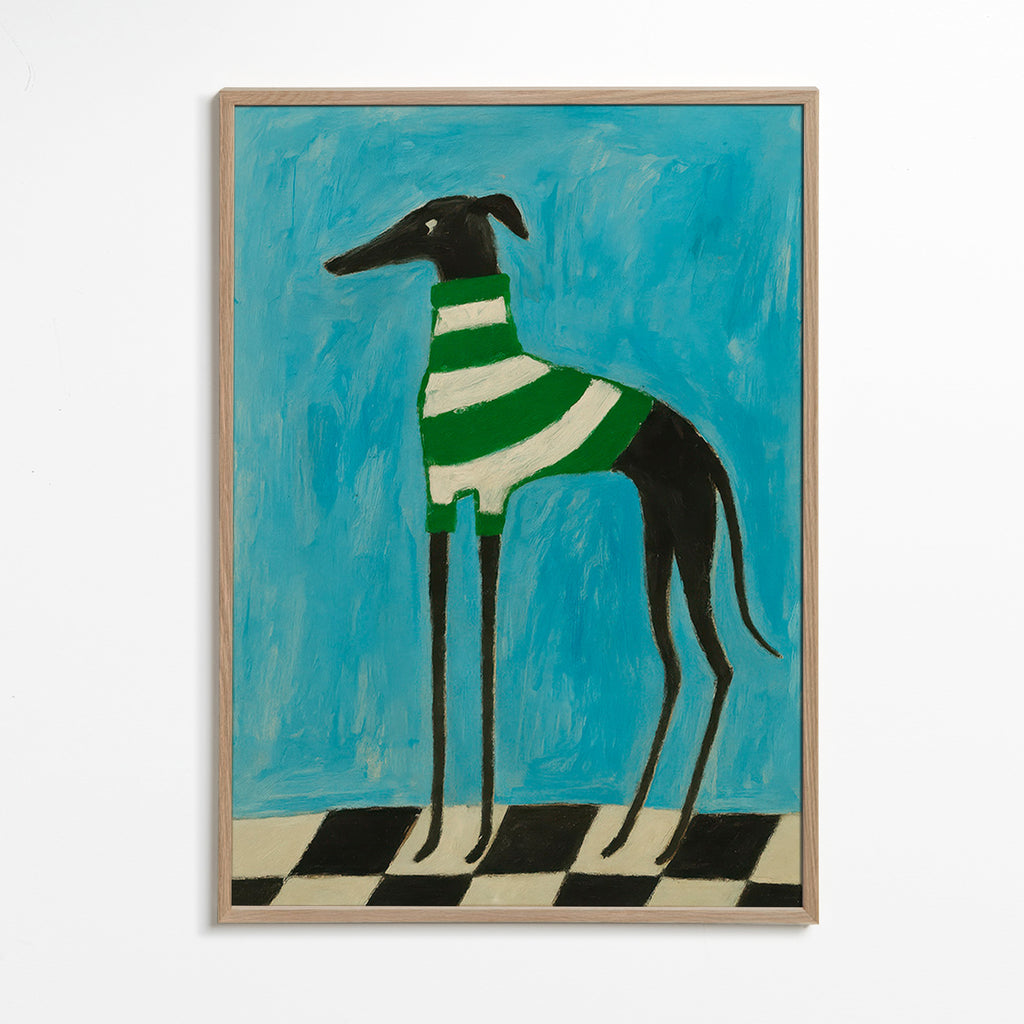 Cuadro perro estilizado con jersey a rayas verdes – Oak Frame