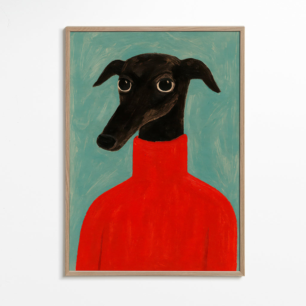 Cuadro retrato de galgo con jersey rojo – Oak Frame