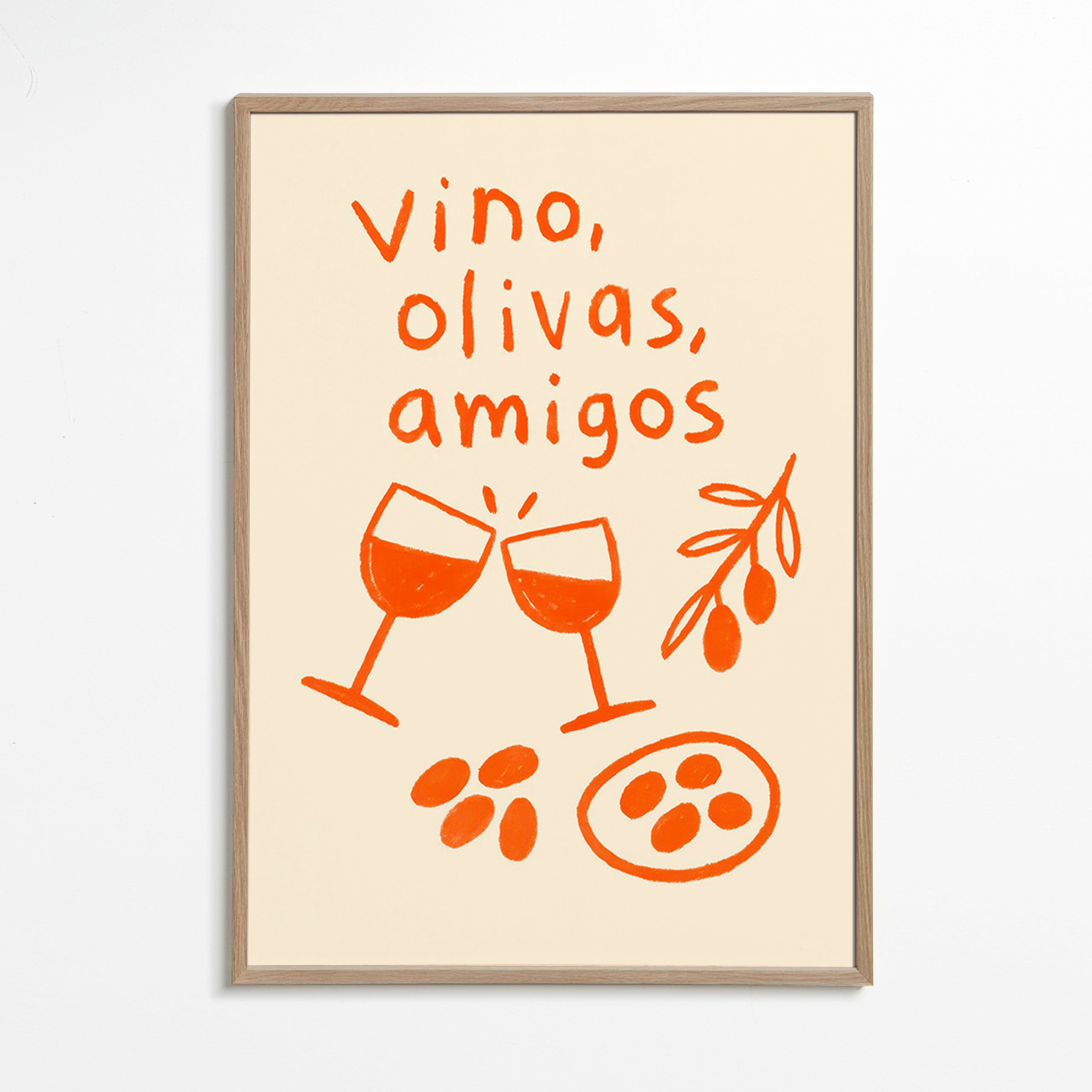 Cuadro de cocina: vino y olivas ilustradas – Oak Frame