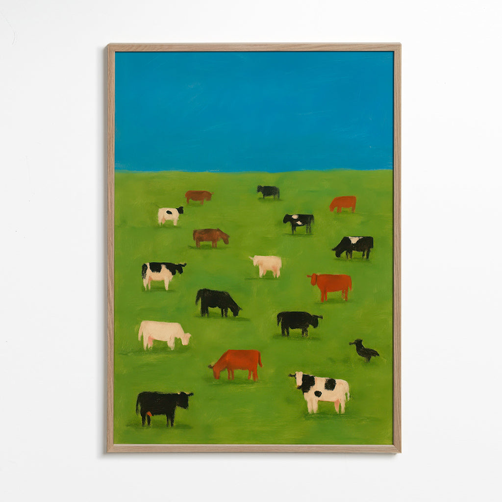 Cuadro de vacas pastando en pradera verde – Oak Frame