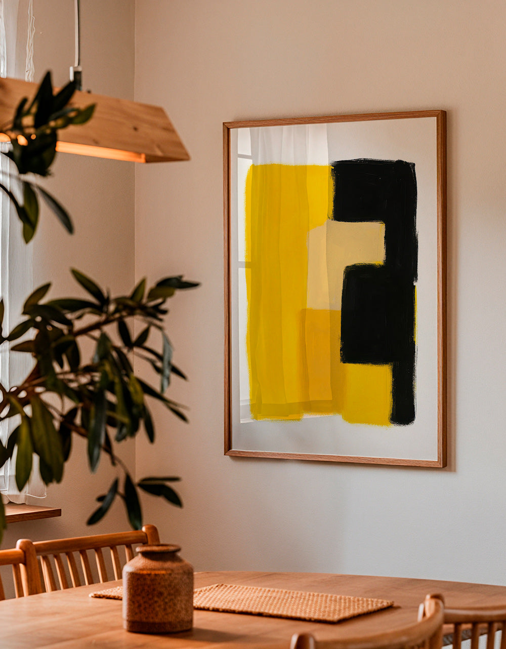 Cuadro abstracto amarillo y negro con bloques gestuales – Product3