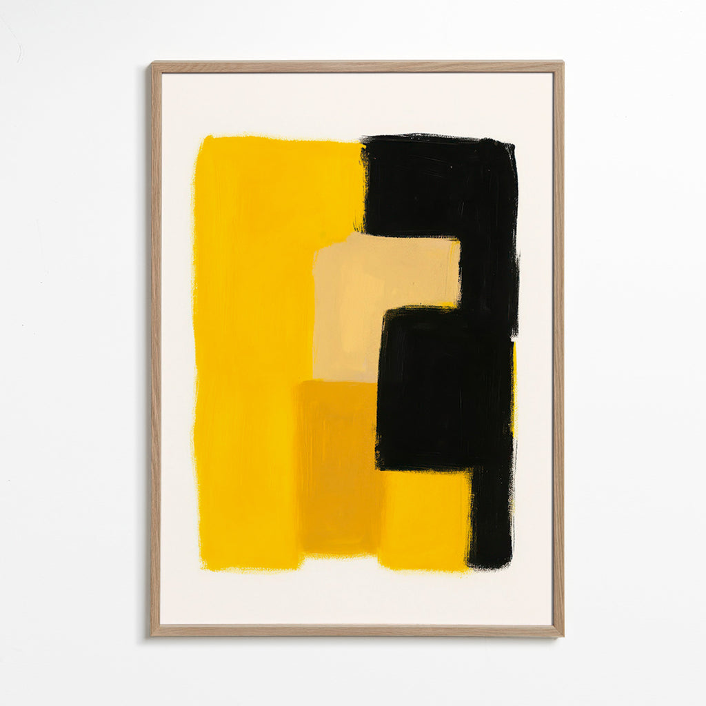 Cuadro abstracto amarillo y negro con bloques gestuales – Oak Frame