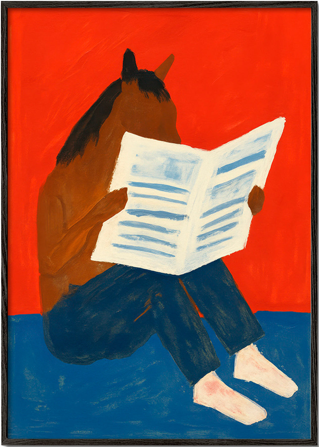 Cuadro de caballo leyendo el periódico – Black Frame