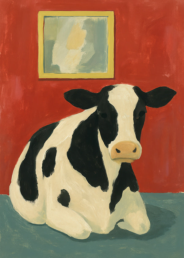 Cuadro vaca reposando en fondo rojo