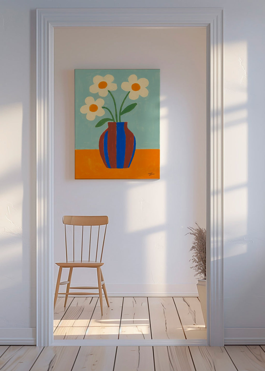 Lámina botánica con jarrón rayado y flores crema – Canvas