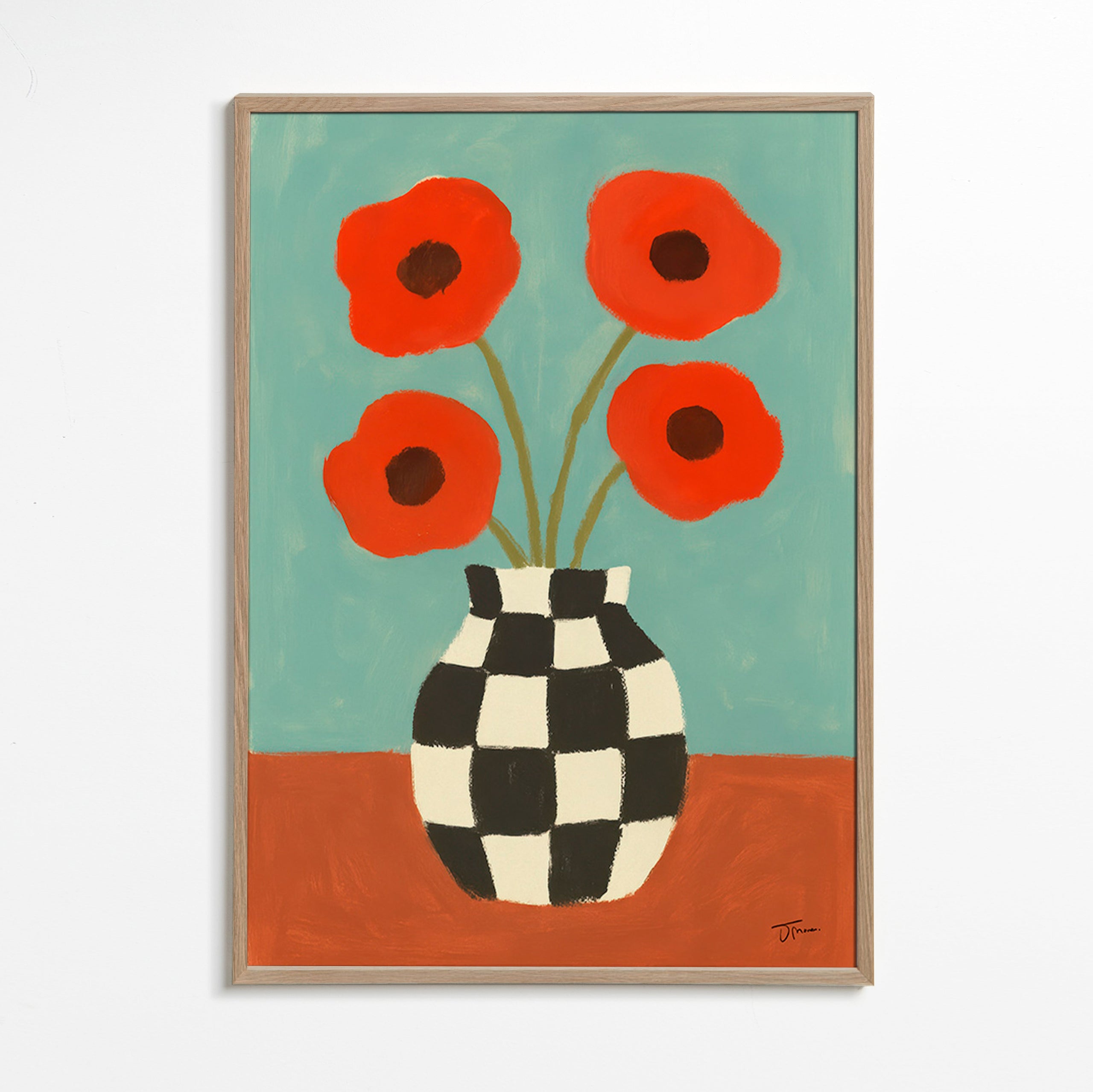 Lámina botánica con amapolas y jarrón ajedrez – Oak Frame