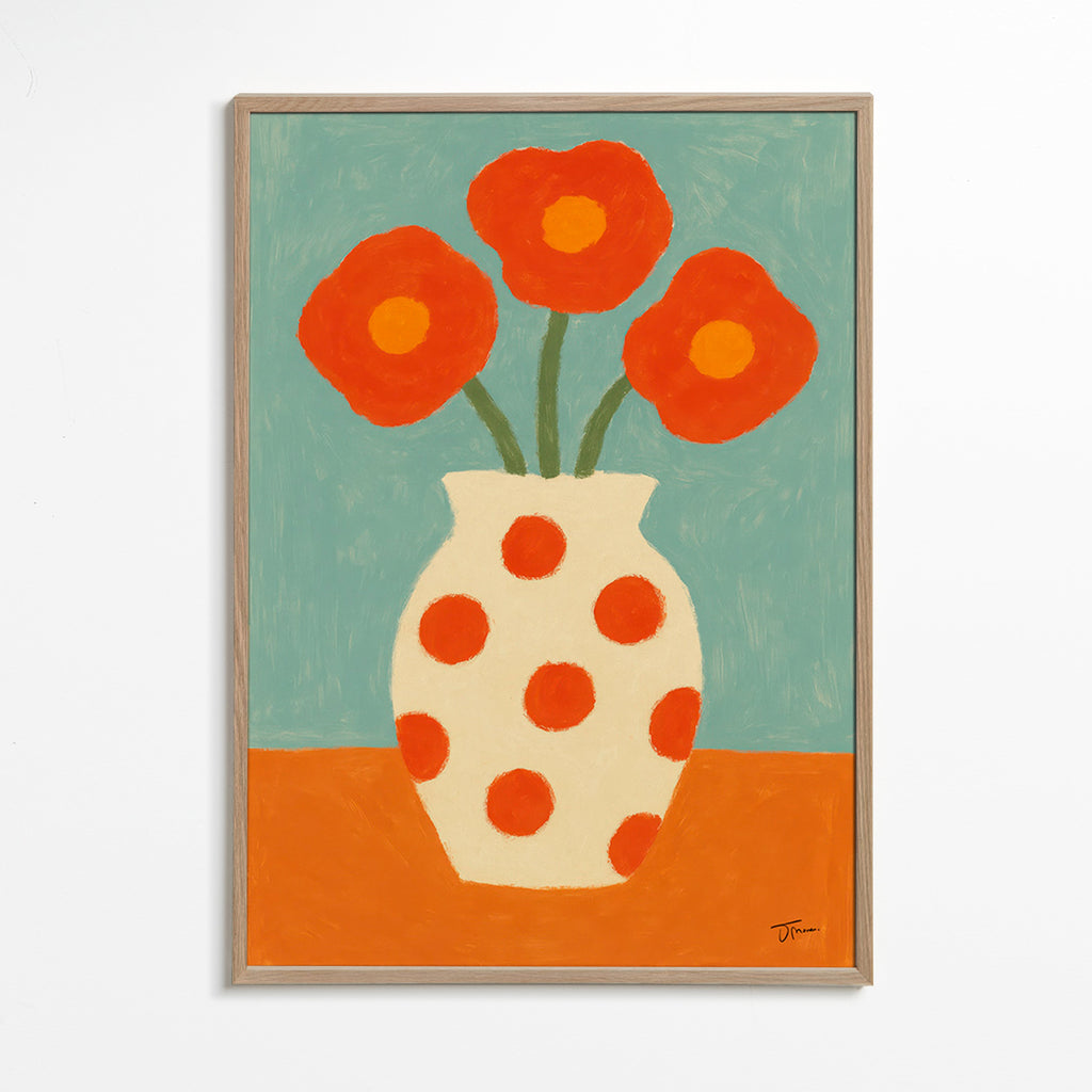 Lámina botánica con jarrón de lunares rojos – Oak Frame